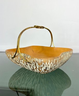 Walnut Wood & Brass Bowl Basket Centrepiece by Aldo Tura for Macabo, Italy, 1950s-LYQ-1171587