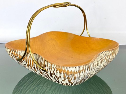 Walnut Wood & Brass Bowl Basket Centrepiece by Aldo Tura for Macabo, Italy, 1950s-LYQ-1171587