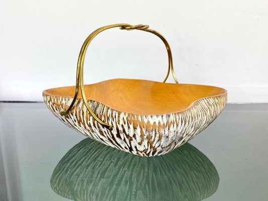 Walnut Wood & Brass Bowl Basket Centrepiece by Aldo Tura for Macabo, Italy, 1950s-LYQ-1171587