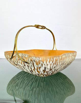 Walnut Wood & Brass Bowl Basket Centrepiece by Aldo Tura for Macabo, Italy, 1950s-LYQ-1171587