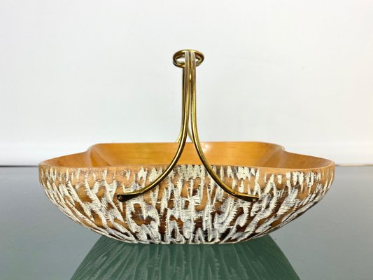 Walnut Wood & Brass Bowl Basket Centrepiece by Aldo Tura for Macabo, Italy, 1950s-LYQ-1171587