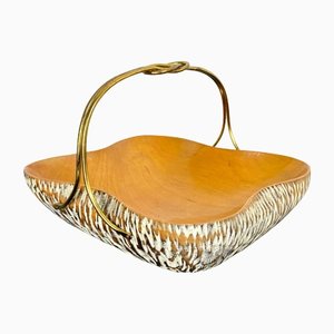 Walnut Wood & Brass Bowl Basket Centrepiece by Aldo Tura for Macabo, Italy, 1950s-LYQ-1171587