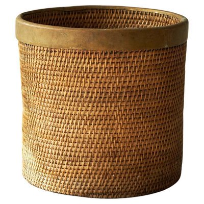 Waste Paper Basket in Rattan and Patinated Brass, 1950s-FEW-2024210