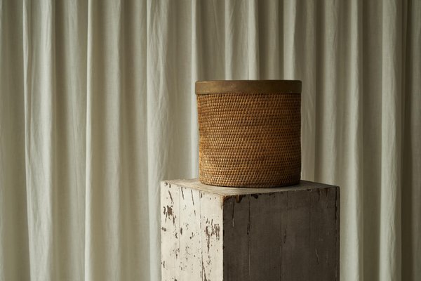 Waste Paper Basket in Rattan and Patinated Brass, 1950s-FEW-2024210