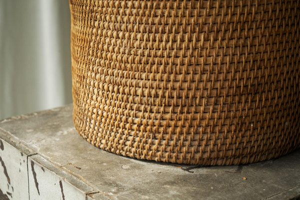 Waste Paper Basket in Rattan and Patinated Brass, 1950s-FEW-2024210