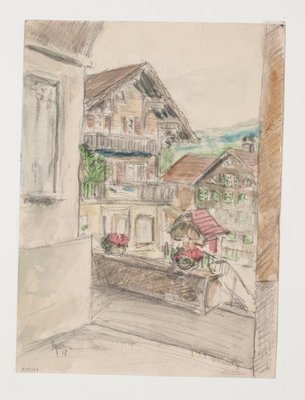 Werner Epstein - Mountain Village - Original Pencil and Pastel Drawing - 1957-ZCI-834662