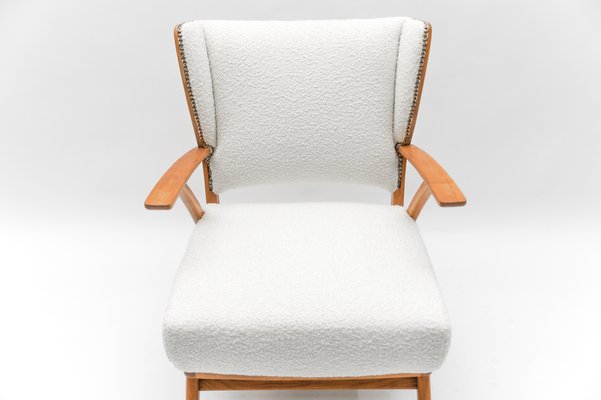 White Boucle Fabric and Wooden Wingback Armchair, Italy, 1950s-KQB-1777575