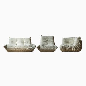 White Bouclette Togo Lounge Chair, Corner Chair and 2-Seat Sofa by Michel Ducaroy for Ligne Roset, Set of 3-IXA-1235619