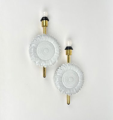 White Ceramic & Brass Wall Light Sconces, Italy, 1970s, Set of 2-LYQ-1171246