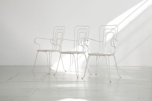 White Garden Chairs With Woven Plastic Seats, Italy, 1960s, Set of 5-AA-1134351