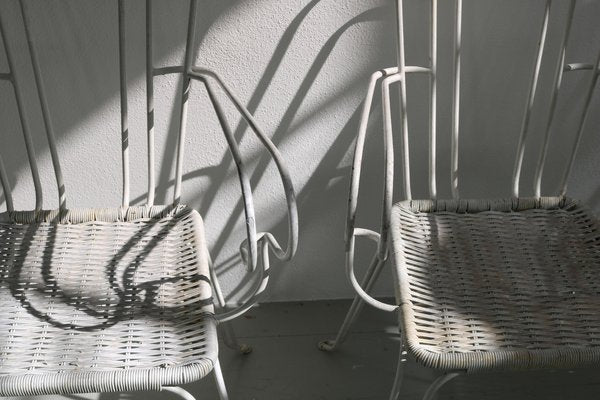 White Garden Chairs With Woven Plastic Seats, Italy, 1960s, Set of 5-AA-1134351