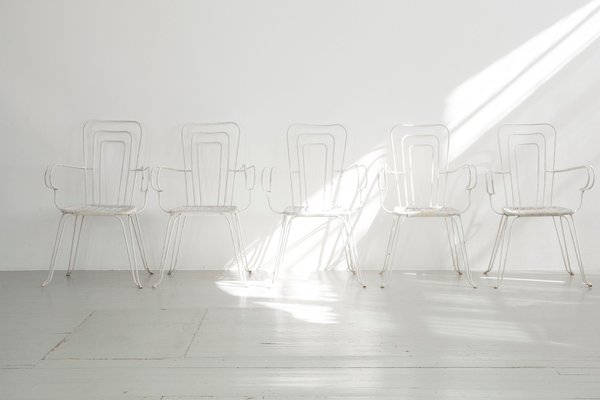 White Garden Chairs With Woven Plastic Seats, Italy, 1960s, Set of 5-AA-1134351