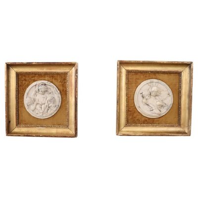 White Marble Bas-Relief Sculptures with Frames, 19th Century, Set of 2-DCO-2032345