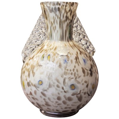 White Murano Vase with Gold Flecks, Blue Flowers and Transparent Handles, 1950s-AXE-1433442