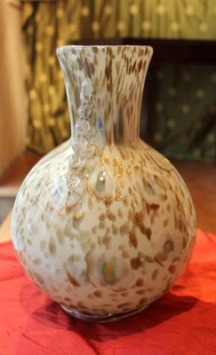 White Murano Vase with Gold Flecks, Blue Flowers and Transparent Handles, 1950s-AXE-1433442