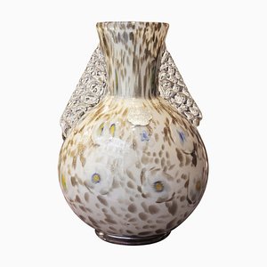 White Murano Vase with Gold Flecks, Blue Flowers and Transparent Handles, 1950s-AXE-1433442