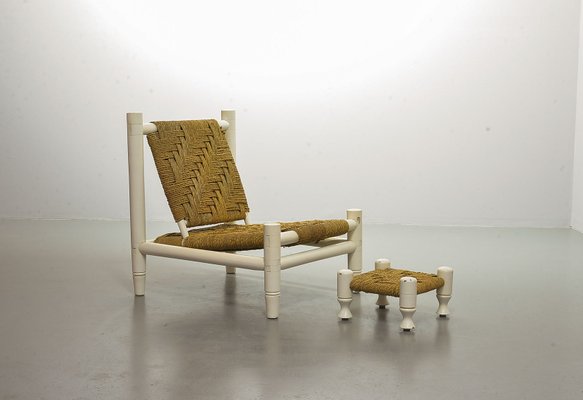 White Oak Low Seat Lounge Chair in Sisal Rope with Footstool in the Style of Charlotte Perriand, 1960s-IXC-994905