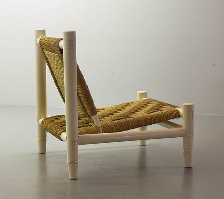 White Oak Low Seat Lounge Chair in Sisal Rope with Footstool in the Style of Charlotte Perriand, 1960s-IXC-994905