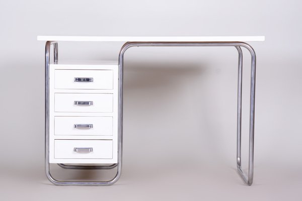 White Tubular Bauhaus Writing Desk in Chrome-Plated Steel to the High Gloss attributed to Robert Slezak, Czech, 1930s-WHY-1772620