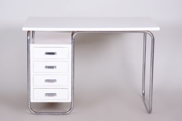 White Tubular Bauhaus Writing Desk in Chrome-Plated Steel to the High Gloss attributed to Robert Slezak, Czech, 1930s-WHY-1772620