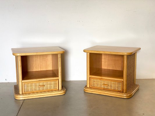 Wicker and Bamboo Bedside Tables, 1980s, Set of 2-NPC-1180519