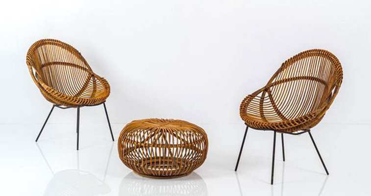 Wicker Armchairs and Poufs by Tito Agnoli and Ico Parisi, Set of 3-LKT-1091913