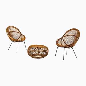 Wicker Armchairs and Poufs by Tito Agnoli and Ico Parisi, Set of 3-LKT-1091913