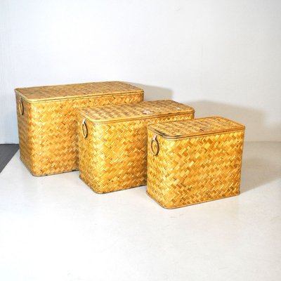 Wicker Containers with Brass Handles, 1960s, Set of 3-JQO-728591