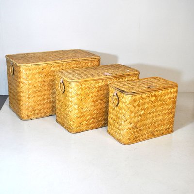 Wicker Containers with Brass Handles, 1960s, Set of 3-JQO-728591