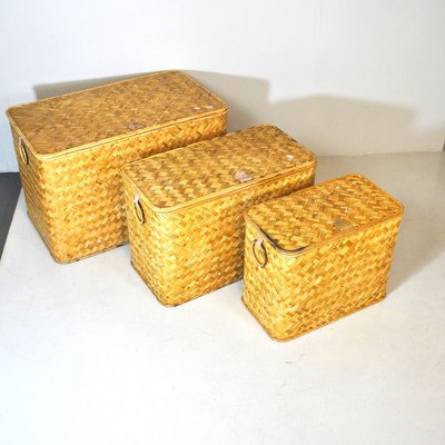 Wicker Containers with Brass Handles, 1960s, Set of 3-JQO-728591