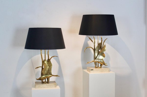 Wild Duck Table Lamps in Travertine and Gilt Metal by Lanciotto Galeotti, 1890s, Set of 2-MO-1757281