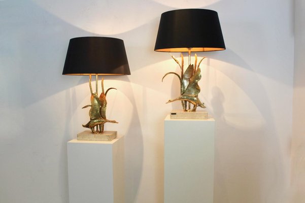 Wild Duck Table Lamps in Travertine and Gilt Metal by Lanciotto Galeotti, 1890s, Set of 2-MO-1757281