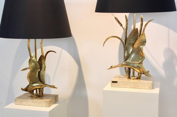 Wild Duck Table Lamps in Travertine and Gilt Metal by Lanciotto Galeotti, 1890s, Set of 2-MO-1757281