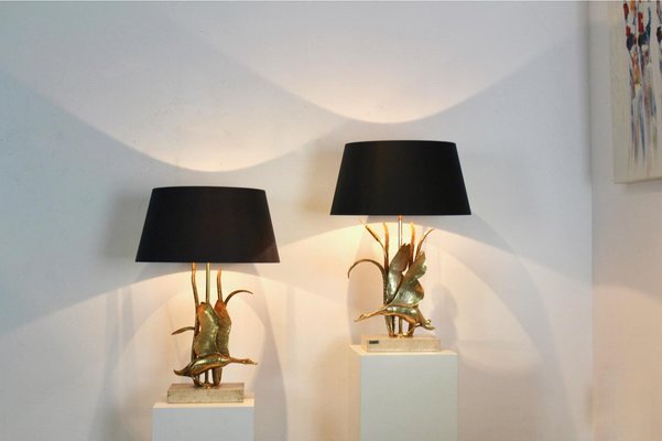 Wild Duck Table Lamps in Travertine and Gilt Metal by Lanciotto Galeotti, 1890s, Set of 2-MO-1757281