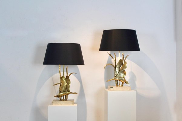 Wild Duck Table Lamps in Travertine and Gilt Metal by Lanciotto Galeotti, 1890s, Set of 2-MO-1757281