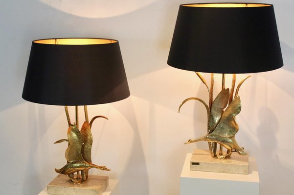 Wild Duck Table Lamps in Travertine and Gilt Metal by Lanciotto Galeotti, 1890s, Set of 2-MO-1757281