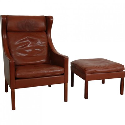 Wing Chair with Ottoman in Brown Leather by Børge Mogensen, 1990s, Set of 2-MTD-2017033