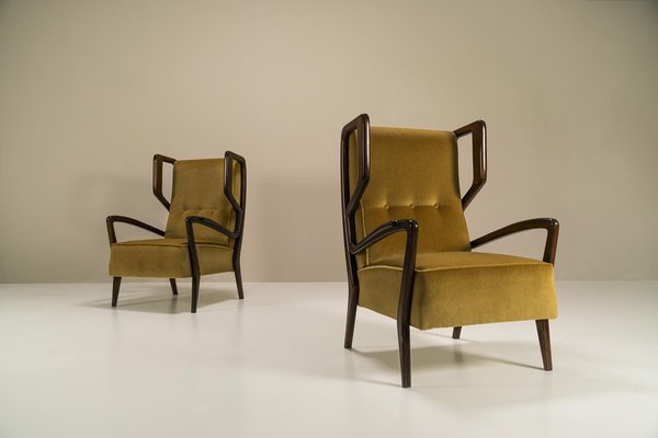 Wingback Armchairs in Poplar and Mohair by Orlando Orlandi, Italy, 1950s, Set of 2-UQV-1767026