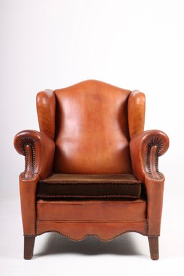 Wingback Chair in Cognac Leather, Denmark, 1940s-FK-1254424