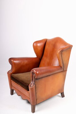 Wingback Chair in Cognac Leather, Denmark, 1940s-FK-1254424