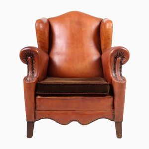 Wingback Chair in Cognac Leather, Denmark, 1940s-FK-1254424