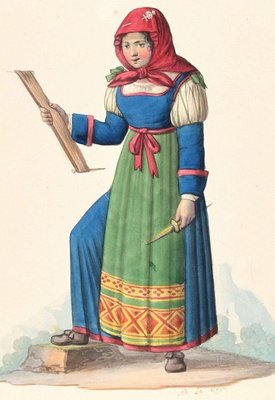 Woman in Costume - Original Ink Watercolor by M. De Vito - Early 1800 Early 19th Century-ZCI-757338