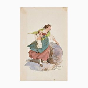 Woman - Original Ink Drawing and Watercolor by G. Dura - 19th Century 19th Century-ZCI-757331