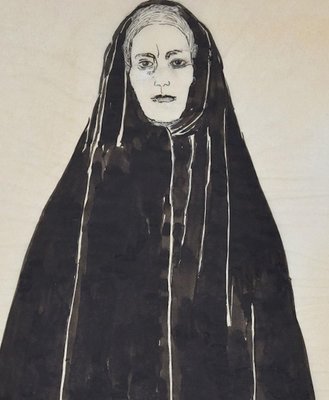 Woman with Black Mantel - Ink and Watercolor Drawing by F. David - 1949 1949-ZCI-757384