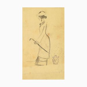 Woman with Umbrella - Charcoal Drawing on Paper by A. Mérodack-Jeanneau Late 19th Century-ZCI-761963