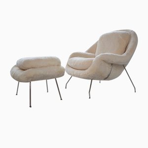 Womb Chair and Ottoman in Fluffy White Fabric by Eero Saarinen, 1948, Set of 2-IXA-1787025