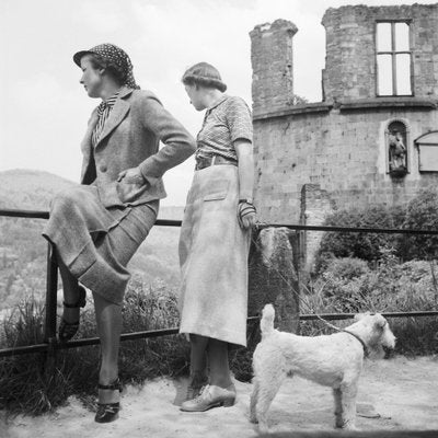 Women, Dog at Heidelberg Castle on River Neckar, Germany 1936, Printed 2021-DYV-990657