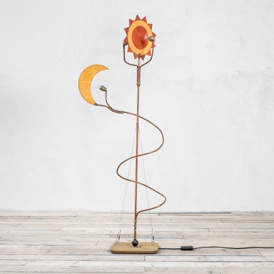 Wood and Brass Floor Lamp with Sun and Moon-Shaped Diffusers in the Style of Cordon Tones, 1980s-FWM-1100912