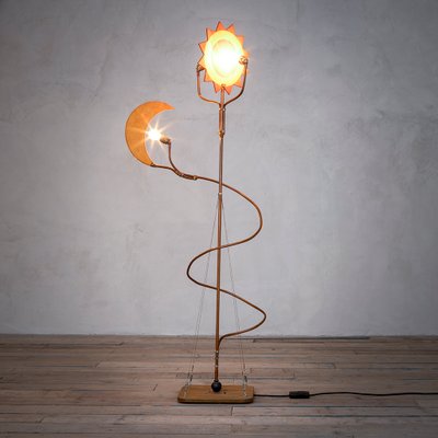 Wood and Brass Floor Lamp with Sun and Moon-Shaped Diffusers in the Style of Cordon Tones, 1980s-FWM-1100912