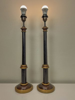 Wood and Faux Leather Table Lamps, 1980s, Set of 2-WZZ-1766021